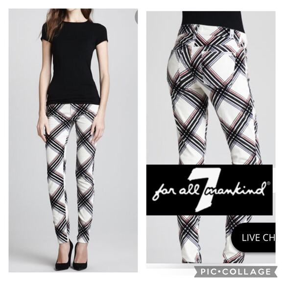 7 for all mankind Skinny Cream Velvet & Black Plaid Hoilday Pants size 27 - Picture 1 of 12
